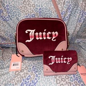 New Pink Maroon Juicy Couture Crossbody Purse + Wallet NWT Bag Velour Retro Vibe
